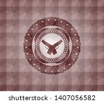 crossed pistols icon inside red geometric badge. Seamless.