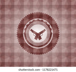 crossed pistols icon inside red badge with geometric background. Seamless.