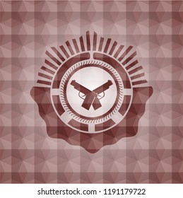 crossed pistols icon inside red seamless badge with geometric pattern.