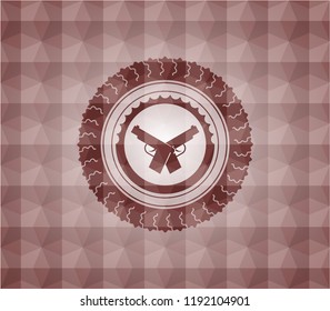 crossed pistols icon inside red badge with geometric pattern. Seamless.