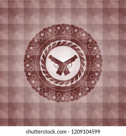 crossed pistols icon inside red seamless badge with geometric pattern background.