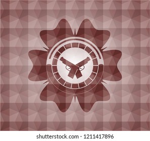 crossed pistols icon inside red badge with geometric background.