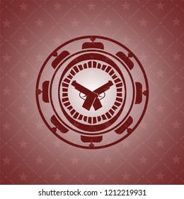 crossed pistols icon inside red emblem. Retro
