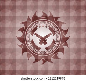 crossed pistols icon inside red geometric emblem. Seamless.