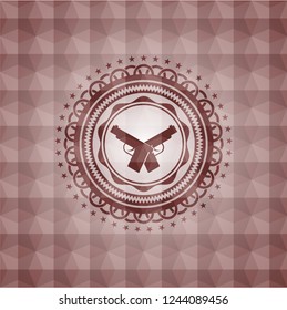 crossed pistols icon inside red seamless emblem with geometric background.
