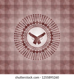 crossed pistols icon inside red seamless badge with geometric background.