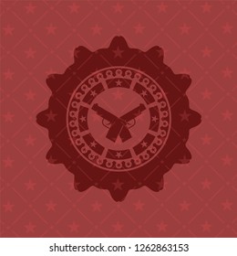 crossed pistols icon inside red emblem. Retro