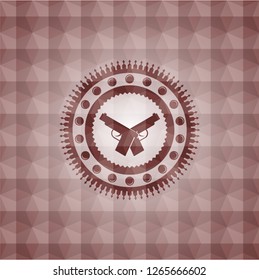 crossed pistols icon inside red seamless emblem or badge with abstract geometric pattern background.