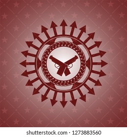 crossed pistols icon inside red emblem. Retro