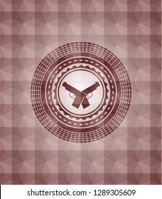 crossed pistols icon inside red badge with geometric pattern background. Seamless.