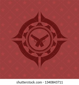 crossed pistols icon inside red emblem. Vintage.