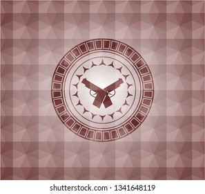 crossed pistols icon inside red seamless emblem or badge with abstract geometric polygonal pattern background.