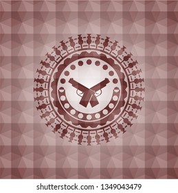crossed pistols icon inside red seamless emblem with geometric background.