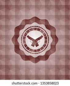 crossed pistols icon inside red badge with geometric pattern background. Seamless.