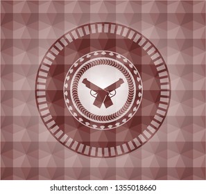 crossed pistols icon inside red geometric pattern emblem. Seamless.