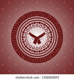crossed pistols icon inside red emblem. Retro