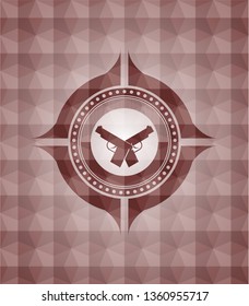 crossed pistols icon inside red seamless badge with geometric pattern background.