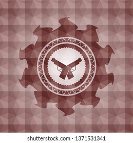 crossed pistols icon inside red badge with geometric background. Seamless.