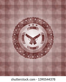 crossed pistols icon inside red seamless emblem with geometric background.
