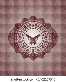 crossed pistols icon inside red badge with geometric pattern. Seamless.