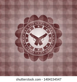 crossed pistols icon inside red seamless badge with geometric pattern background.