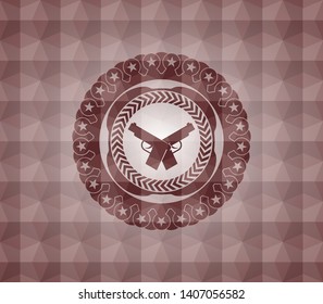 crossed pistols icon inside red geometric badge. Seamless.