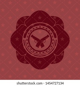 crossed pistols icon inside red emblem. Retro