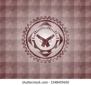crossed pistols icon inside red polygonal badge. Seamless.