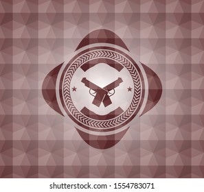 crossed pistols icon inside red emblem or badge with abstract geometric polygonal pattern background. Seamless.