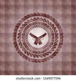 crossed pistols icon inside red geometric pattern emblem. Seamless.