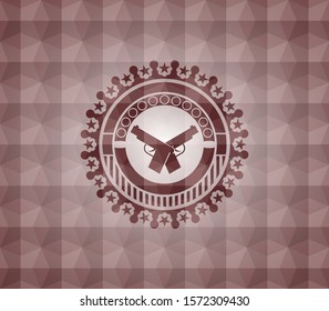 crossed pistols icon inside red emblem with geometric pattern background. Seamless.