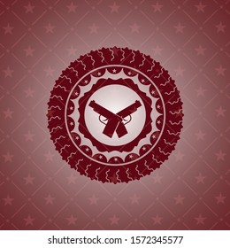 crossed pistols icon inside red emblem. Vintage.