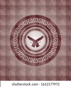 crossed pistols icon inside red emblem with geometric pattern background. Seamless.