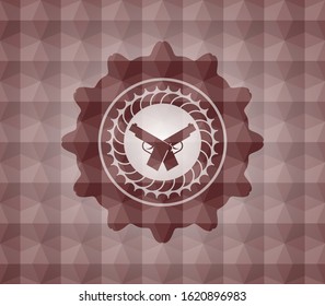 crossed pistols icon inside red emblem with geometric pattern background. Seamless.