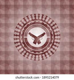 crossed pistols icon inside red seamless geometric emblem. 