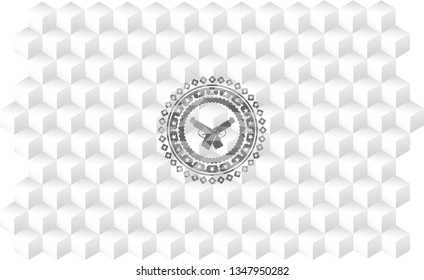 crossed pistols icon inside retro style grey emblem with geometric cube white background