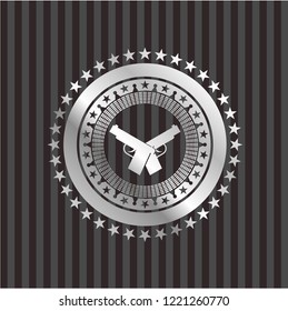 crossed pistols icon inside silver badge