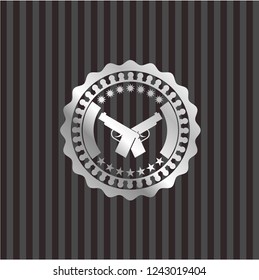 crossed pistols icon inside silver emblem or badge