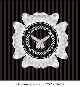 crossed pistols icon inside silver badge