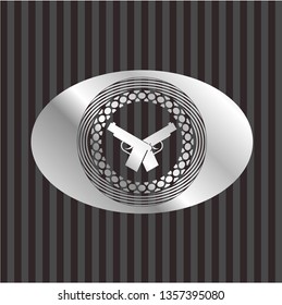 crossed pistols icon inside silver shiny badge