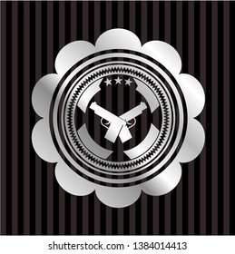 crossed pistols icon inside silver emblem or badge