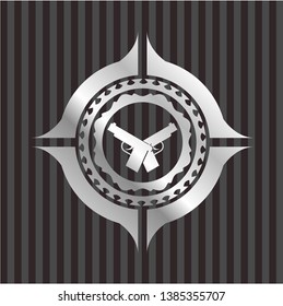crossed pistols icon inside silver emblem or badge