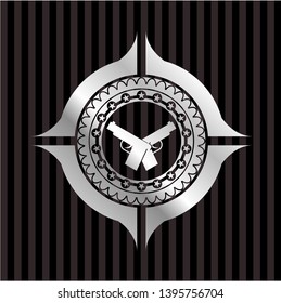 crossed pistols icon inside silver shiny badge