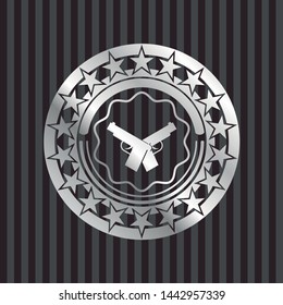 crossed pistols icon inside silver badge or emblem