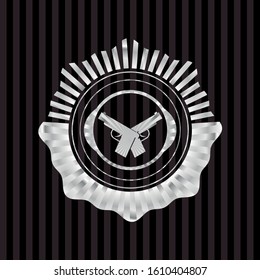 crossed pistols icon inside silver emblem or badge