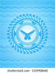 crossed pistols icon inside sky blue water wave style badge.