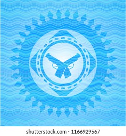 crossed pistols icon inside sky blue water style badge.