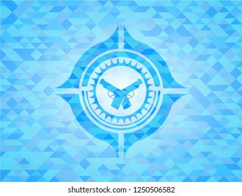 crossed pistols icon inside sky blue mosaic emblem