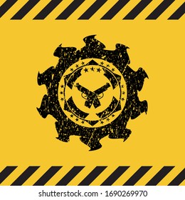crossed pistols icon inside warning sign, black grunge emblem. Vector Illustration. Detailed.