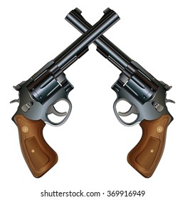 Crossed Pistols is an illustration of two crossed revolver style handguns with wood grips in a detailed realistic style.